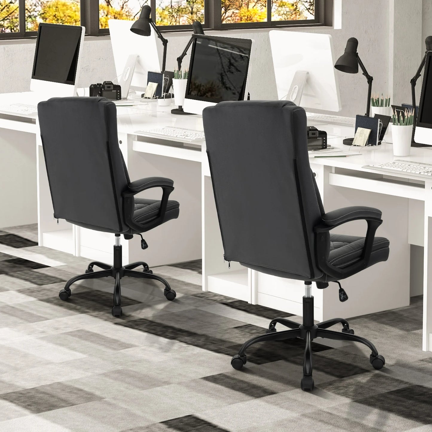 Swivel Office Chair with Padded Armrests and Rolling Metal Base-Black