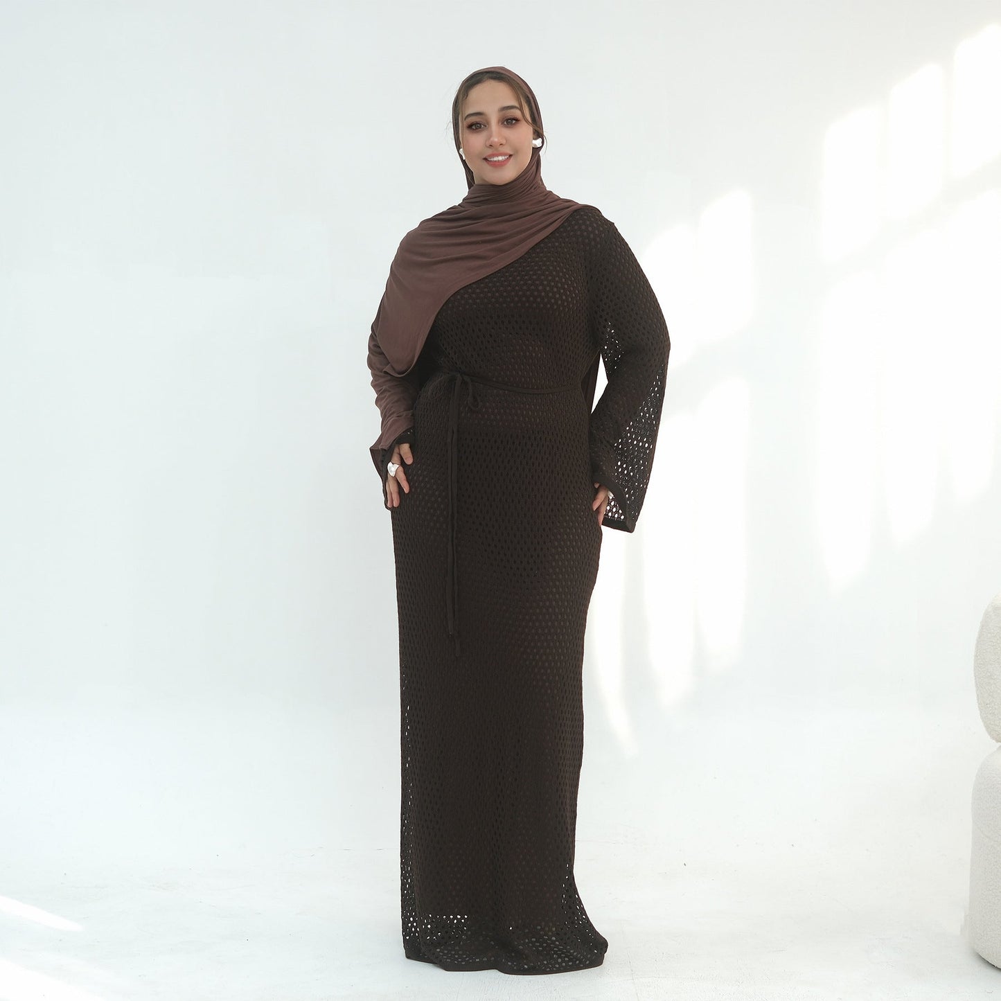 Elegant Hollow-Out Knit Dress - Modest A-Line Long Sleeve