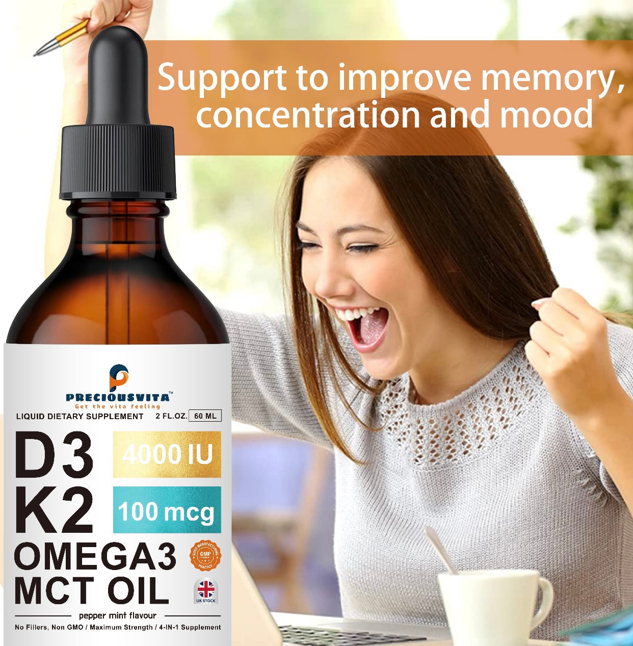 Preciousvita Vitamin D3K2 Liquid Drops,Vitamin D3:4000iu & Vitamin K2:100MCG,Peppermint Flavoured, 60ml