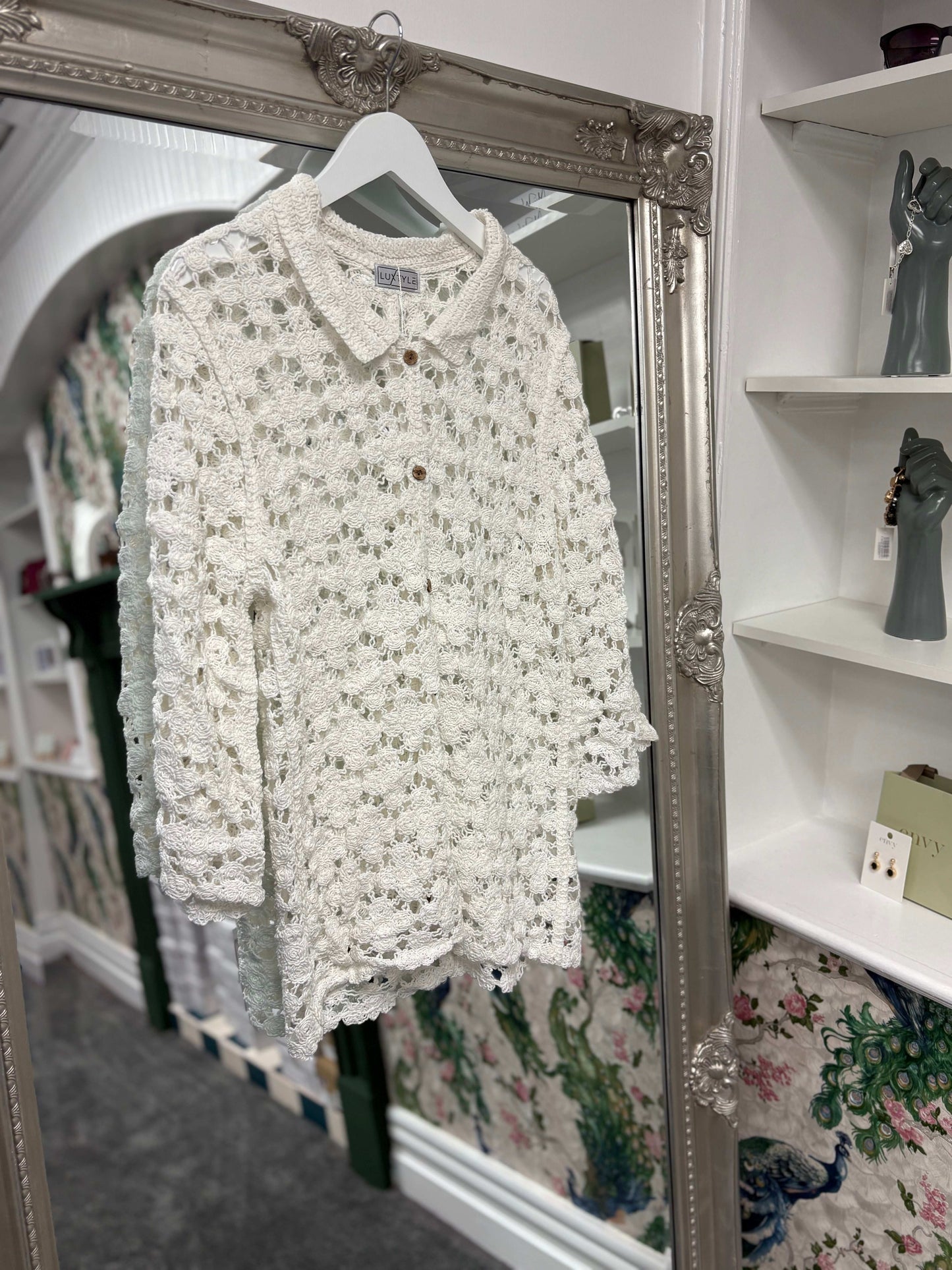 Luxtyle Flower Crochet Shirt | Sheer Lace Button Blouse | One Size Fits 8–14/16