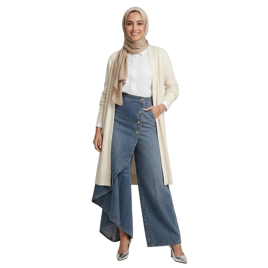 Ruffled Buttoned Trousers, Women's Faux Denim Pants| Premium Modest Fashion