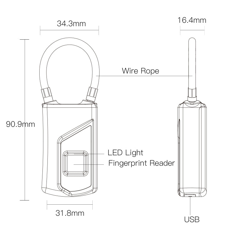 Anytek USB Charging Waterproof Anti-theft Non-password Electrically Intelligent Fingerprint Padlock Size:3.2cm × 3.5cm × 9cm