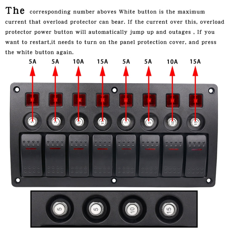3Pin 8 Way Switches Combination Switch Panel with Light and Projector Lens for Car RV Marine Boat, 3Pin 8 Way