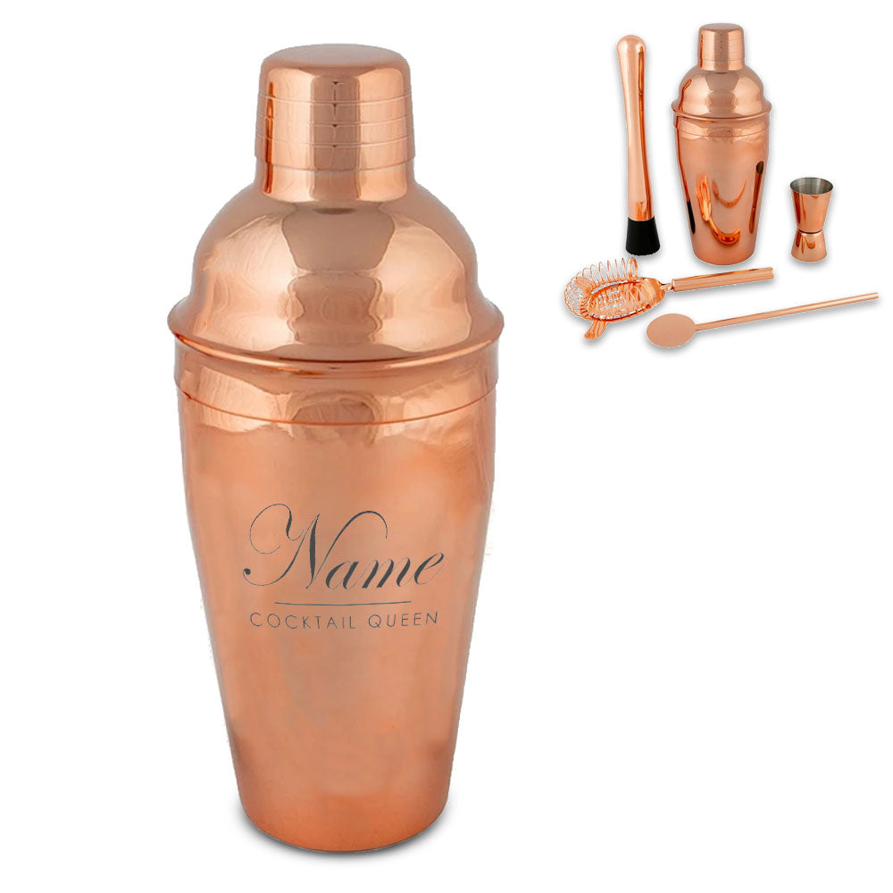Engraved Rose Gold Cocktail Shaker Set with Cocktail Queen Design