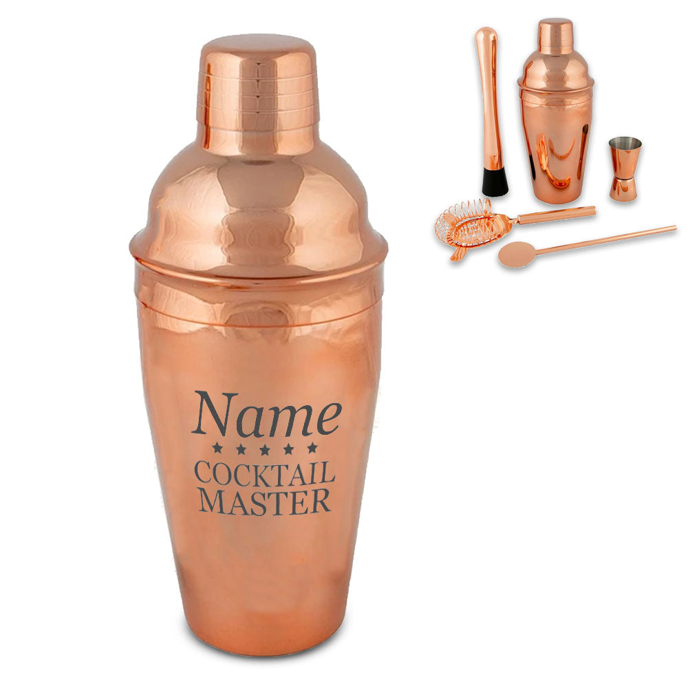 Engraved Rose Gold Cocktail Shaker Set with Cocktail Master Design