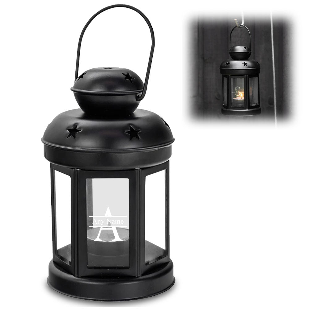 Engraved Black Metal Tealight Holder with Initial and Name Design