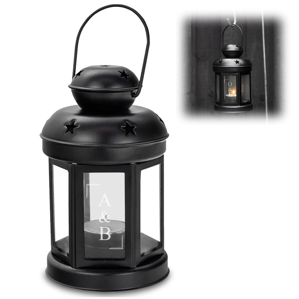 Engraved Black Metal Tealight Holder with Couple Initials Design