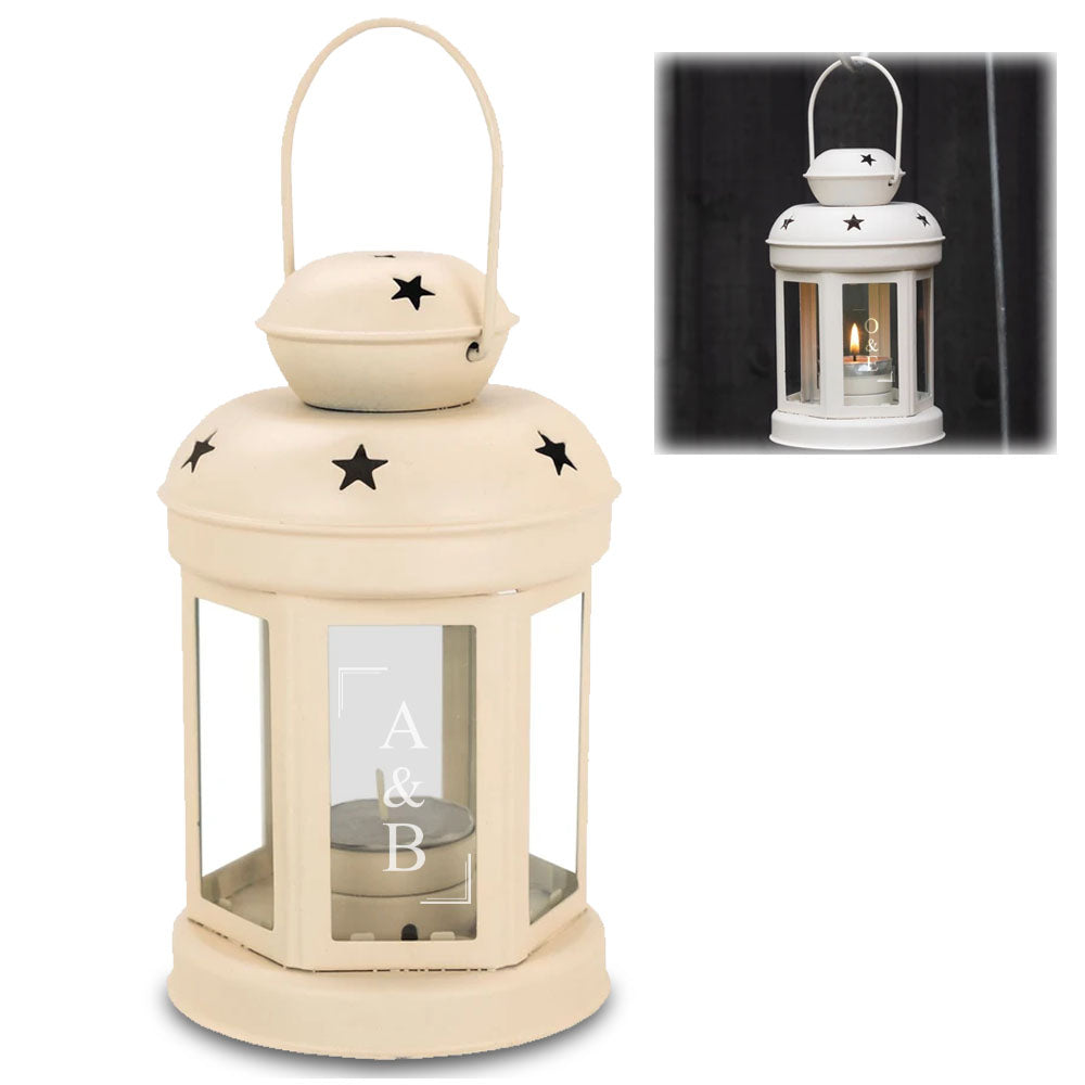 Engraved Cream Metal Tealight Holder with Couple Initials Design