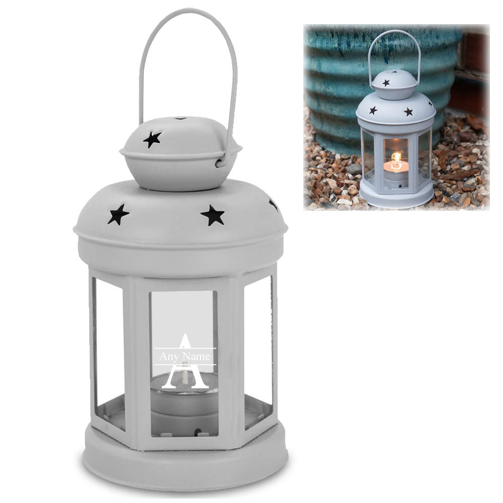 Engraved Grey Metal Tealight Holder with Initial and Name Design