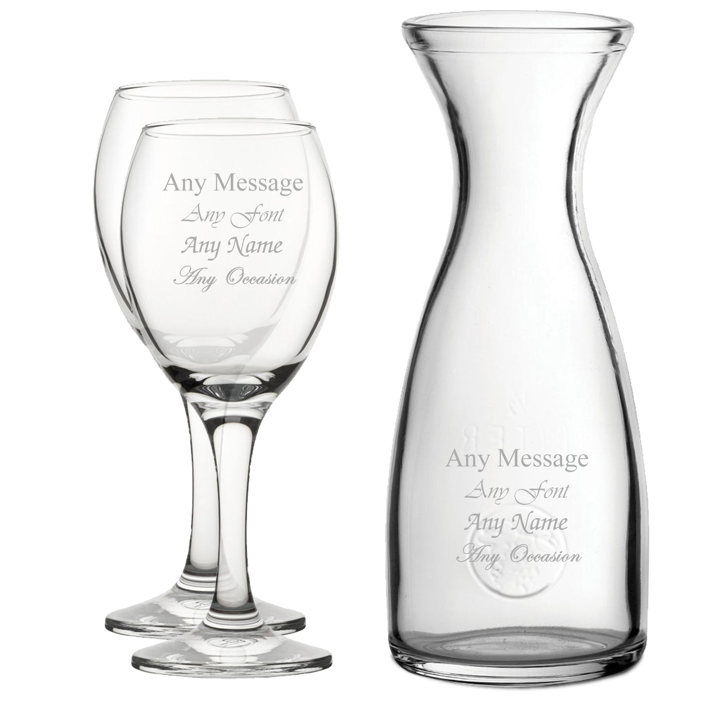 Personalised Engraved Set of 2 Pure Wine Glass and 1 Litre Carafe Set