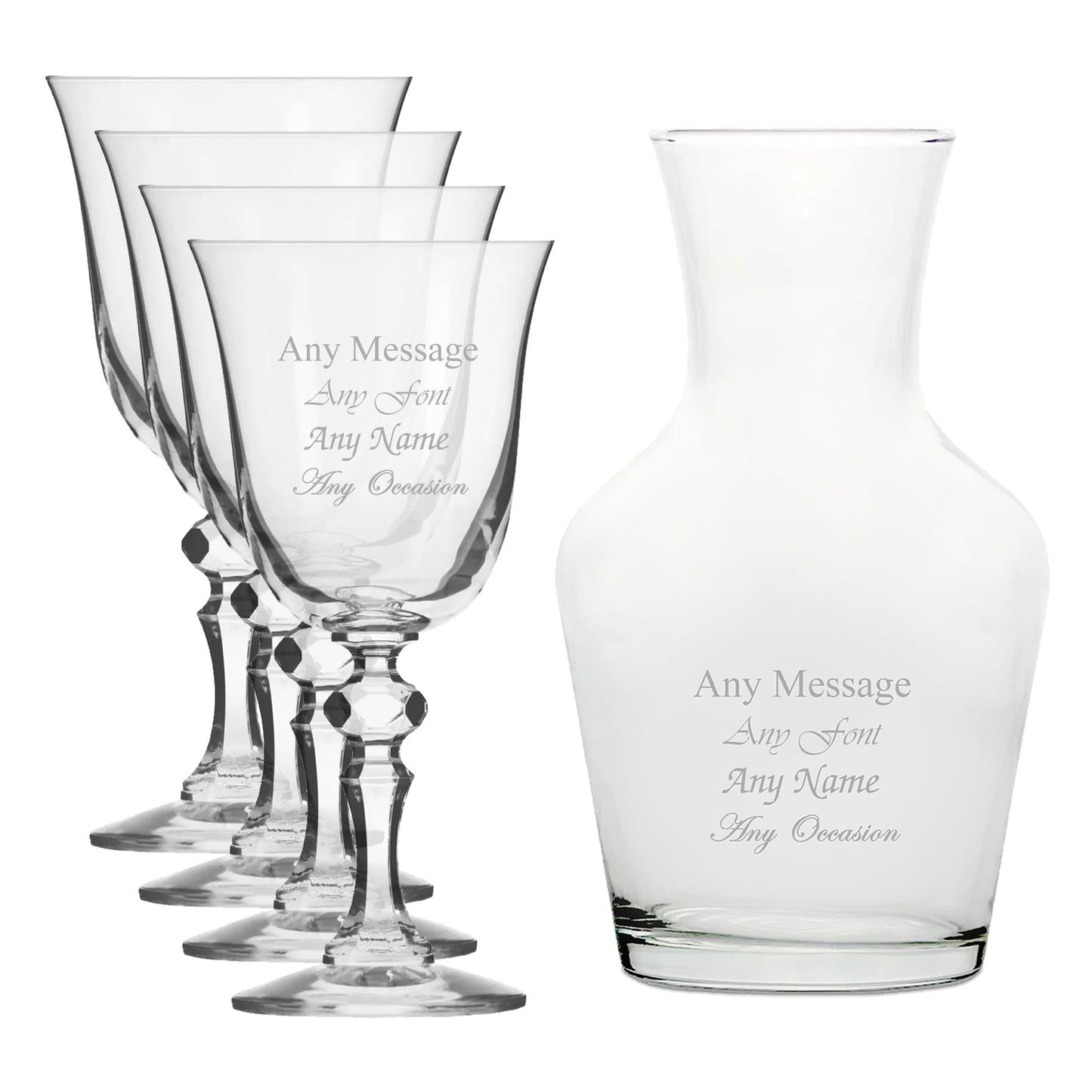 Personalised Engraved Set of 4 Crystal Jasmine Wine Glass and 1 Litre Vin Carafe Set