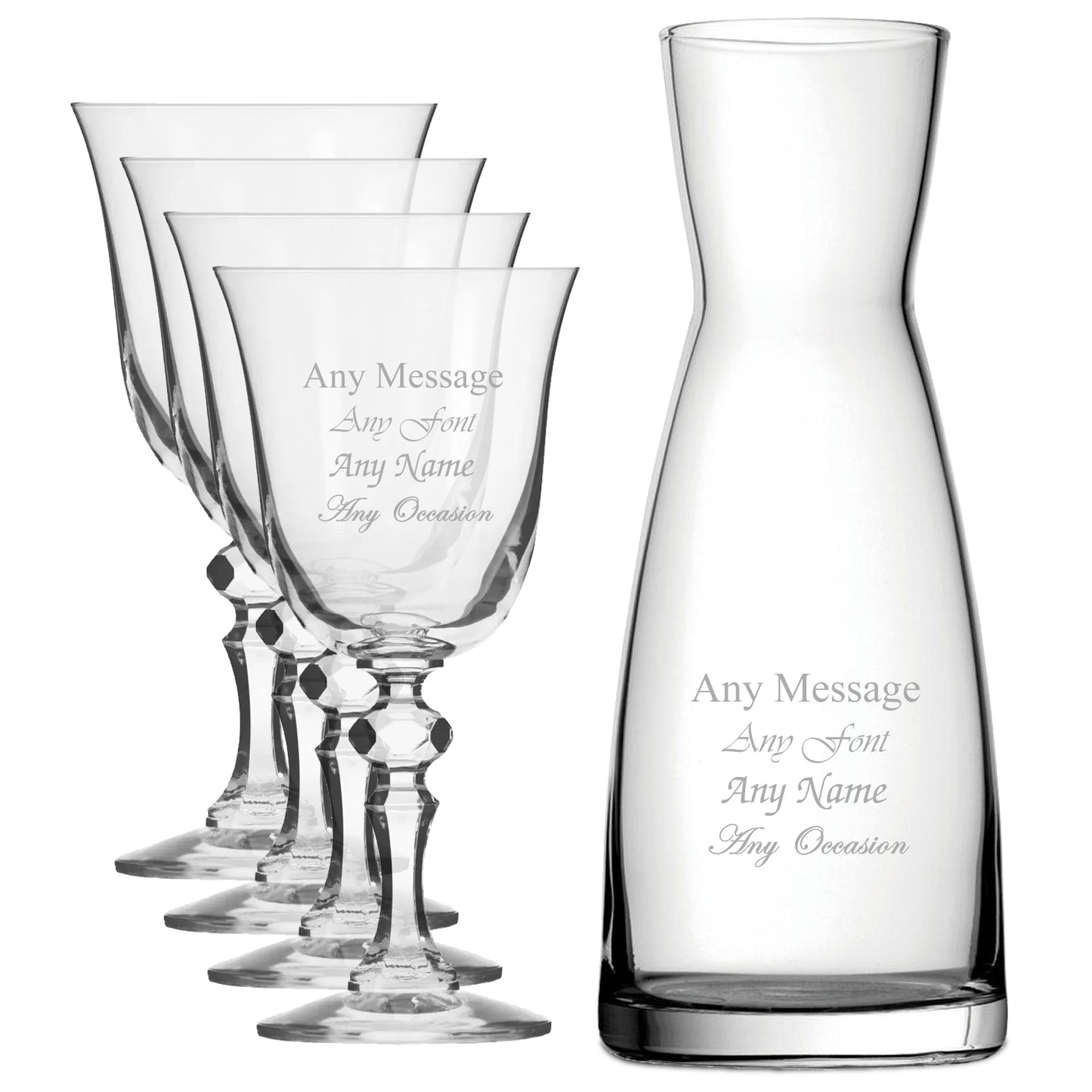 Personalised Engraved Set of 4 Crystal Jasmine Wine Glass and Contemporary Carafe Set