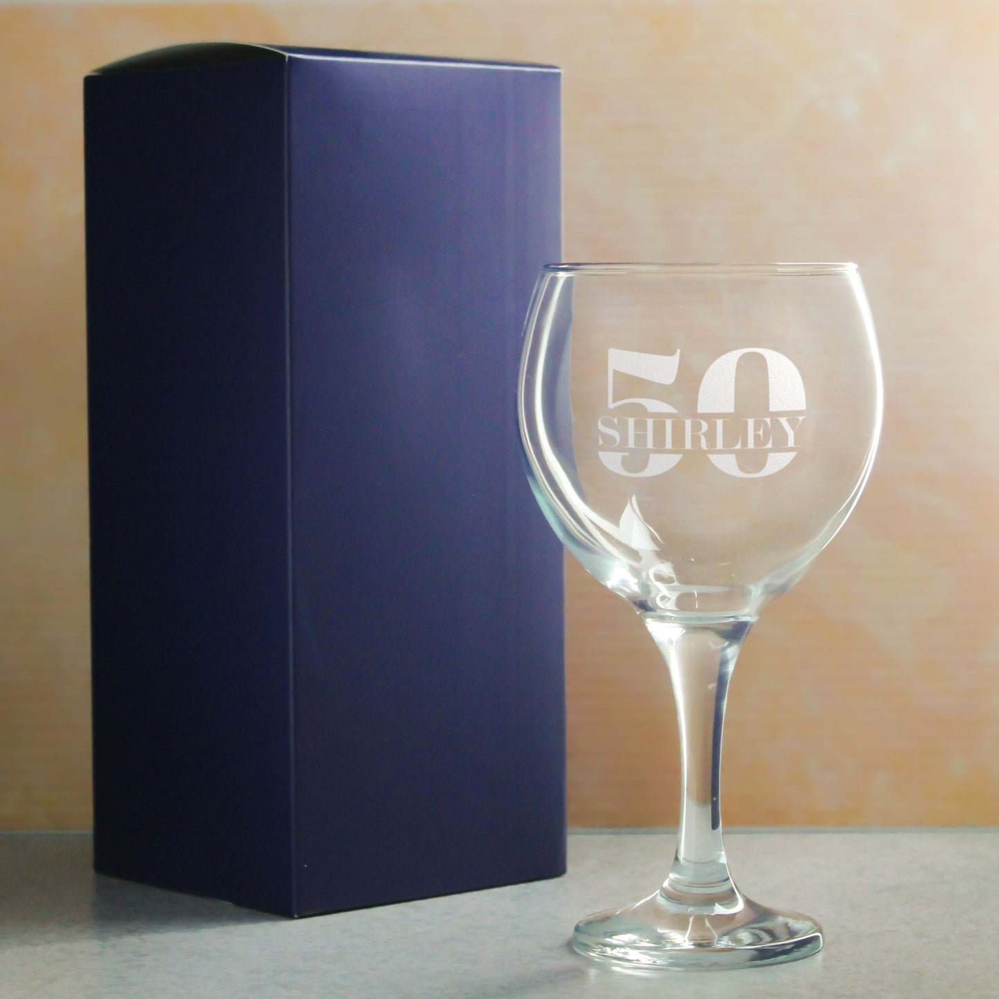 Engraved Gin Balloon Cocktail Glass with Name in 50 Design