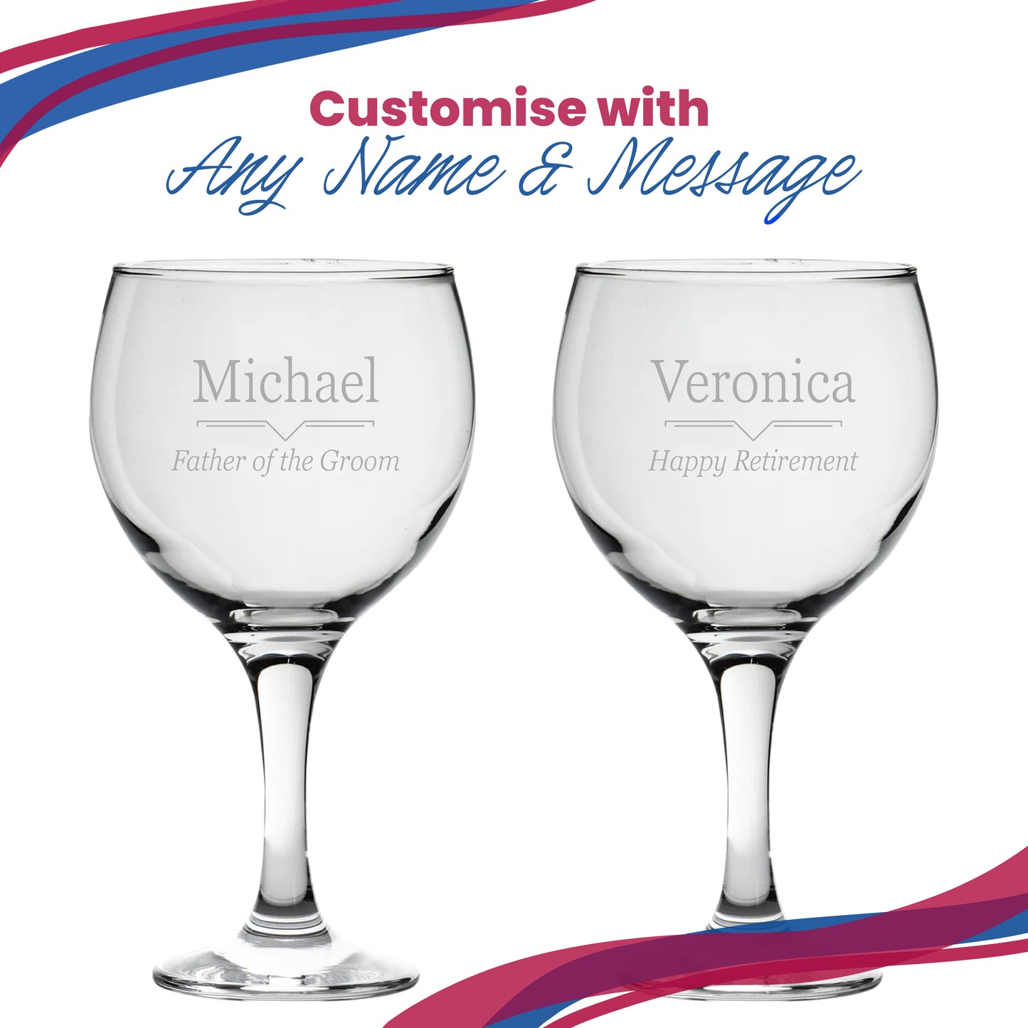 Engraved Gin Balloon Glass with Line Break Design, Personalise with Any Name and Message