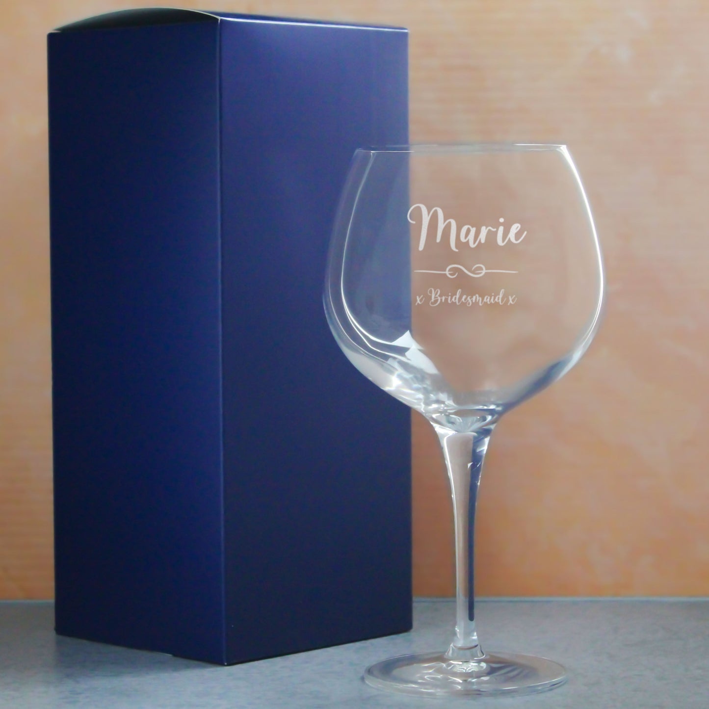 Engraved Primeur Gin Balloon Glass with Flourish Design, Personalise with Any Name and Message