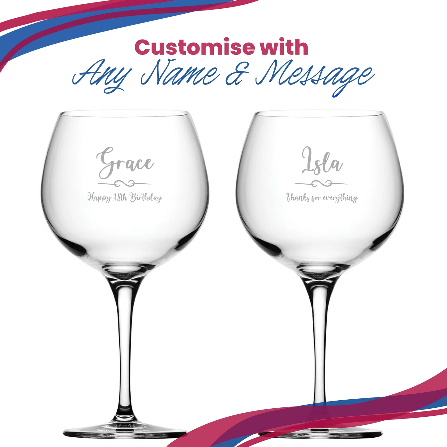 Engraved Primeur Gin Balloon Glass with Flourish Design, Personalise with Any Name and Message
