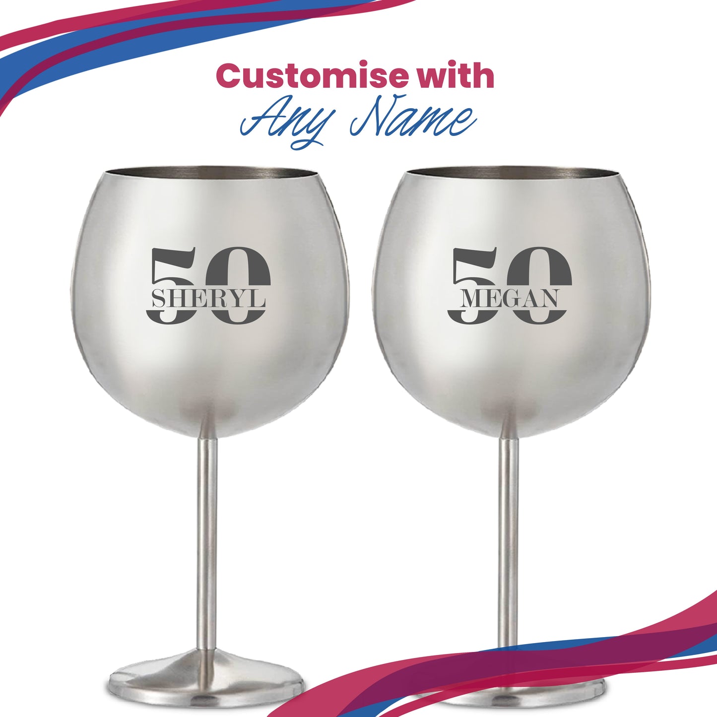 Engraved Metal Gin Balloon Cocktail Glass with Name in 50 Design