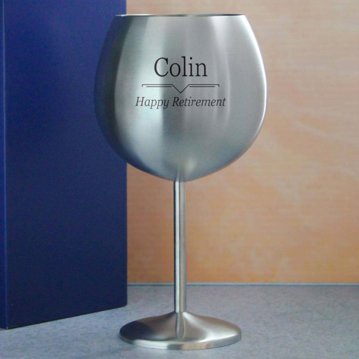 Engraved Metal Gin Balloon Glass with Line Break Design, Personalise with Any Name and Message