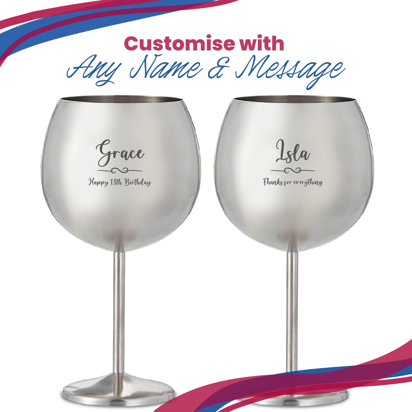 Engraved Metal Gin Balloon Glass with Flourish Design, Personalise with Any Name and Message