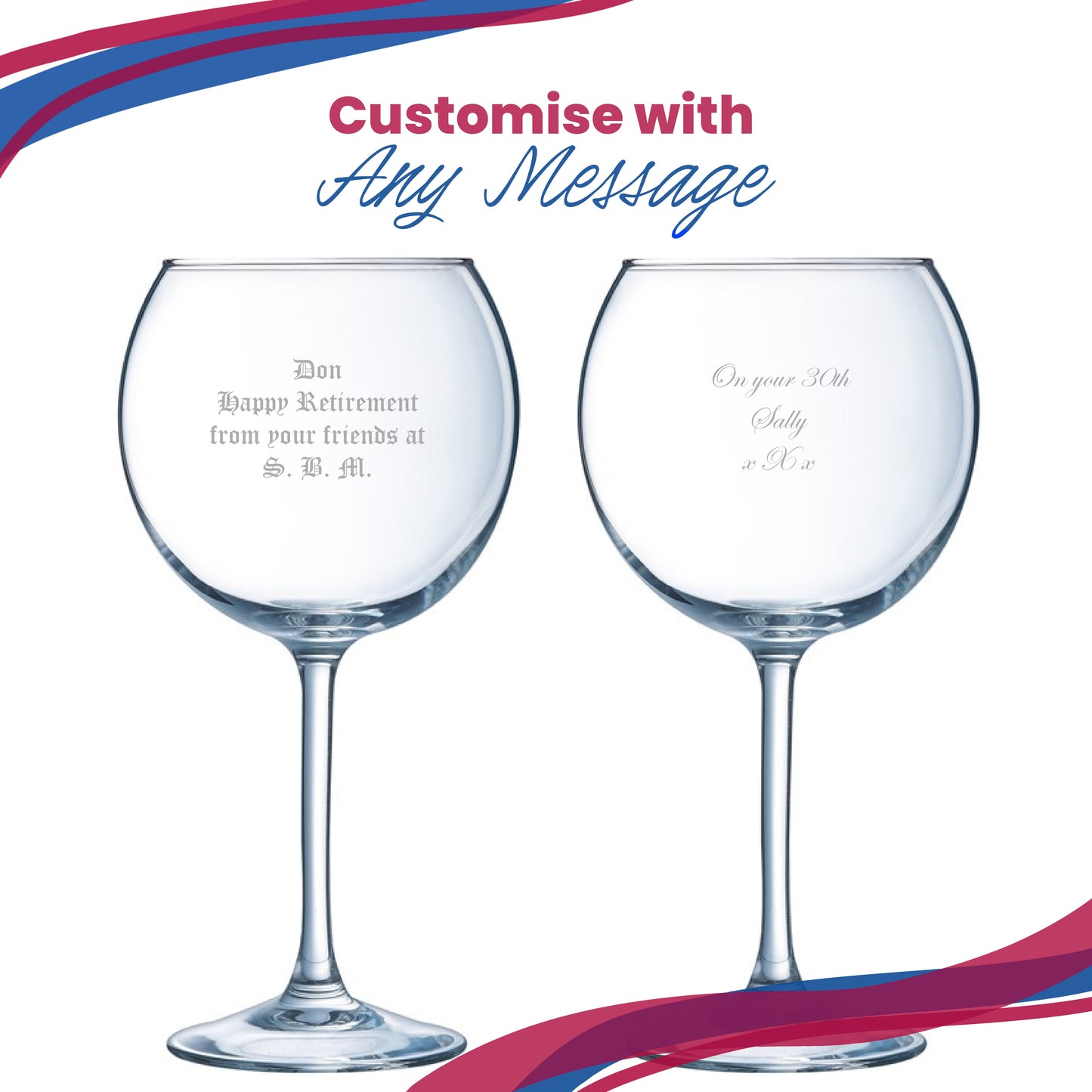 Engraved Gin Balloon and Tumbler Cocktail Glasses with Personalised Designs and Gift Box