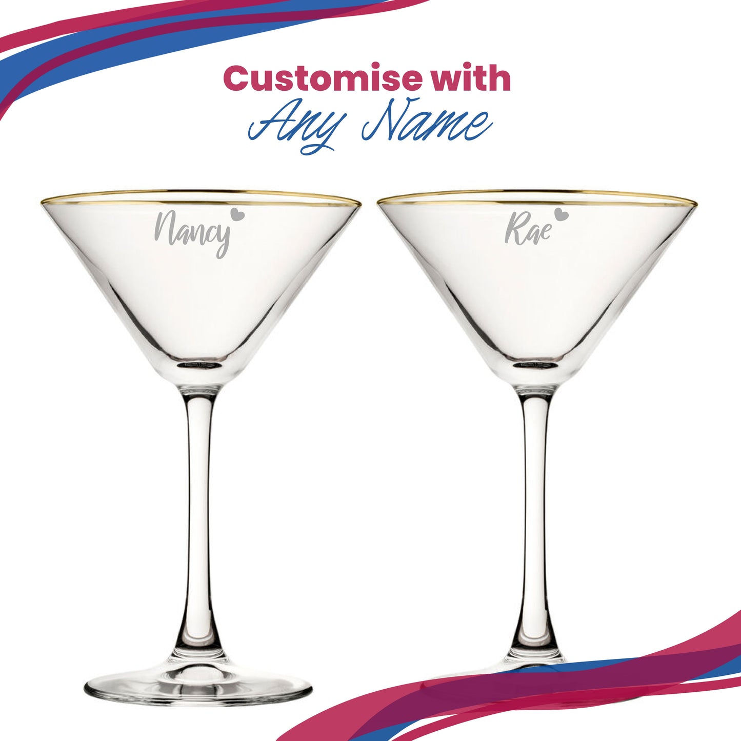 Engraved Gold Rim Martini Cocktail Glass with Name with Heart Design, Personalise with Any Name