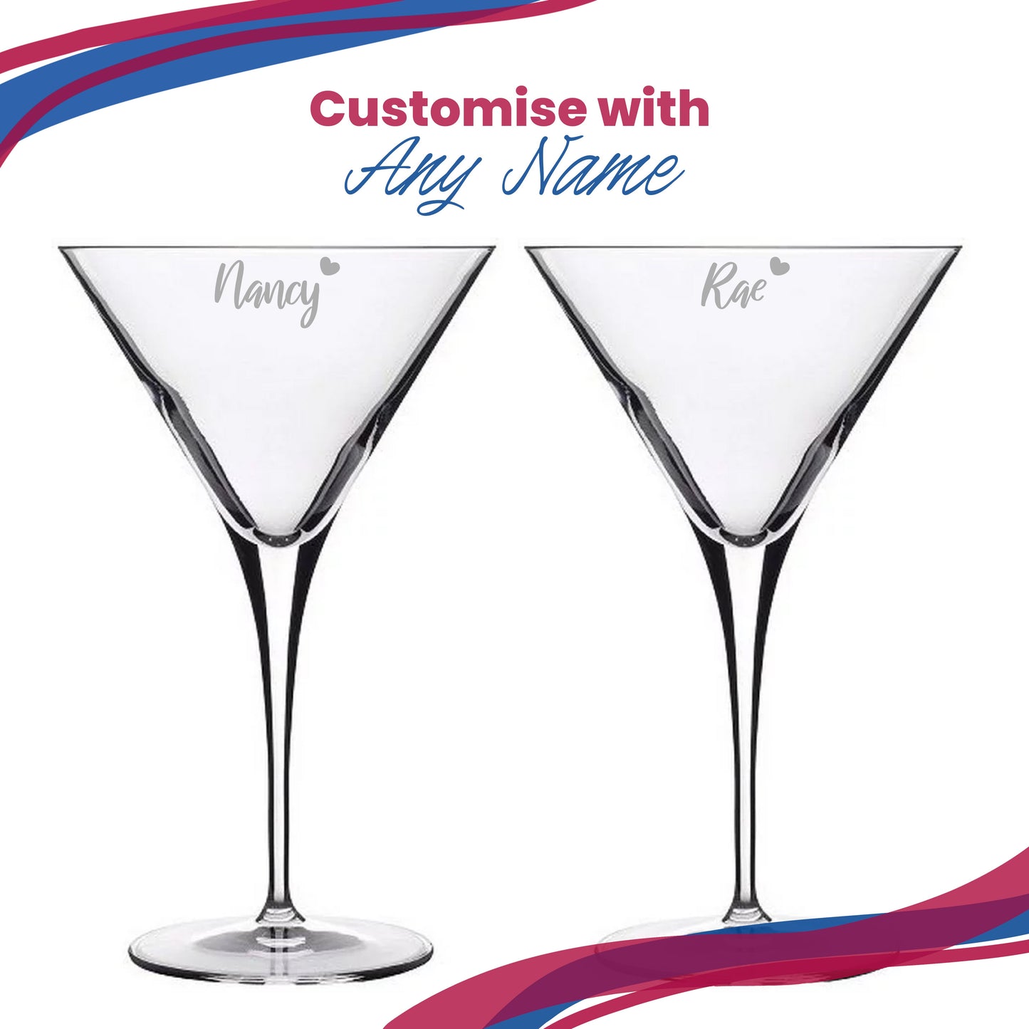 Engraved Allegro Martini Cocktail Glass with Name with Heart Design, Personalise with Any Name
