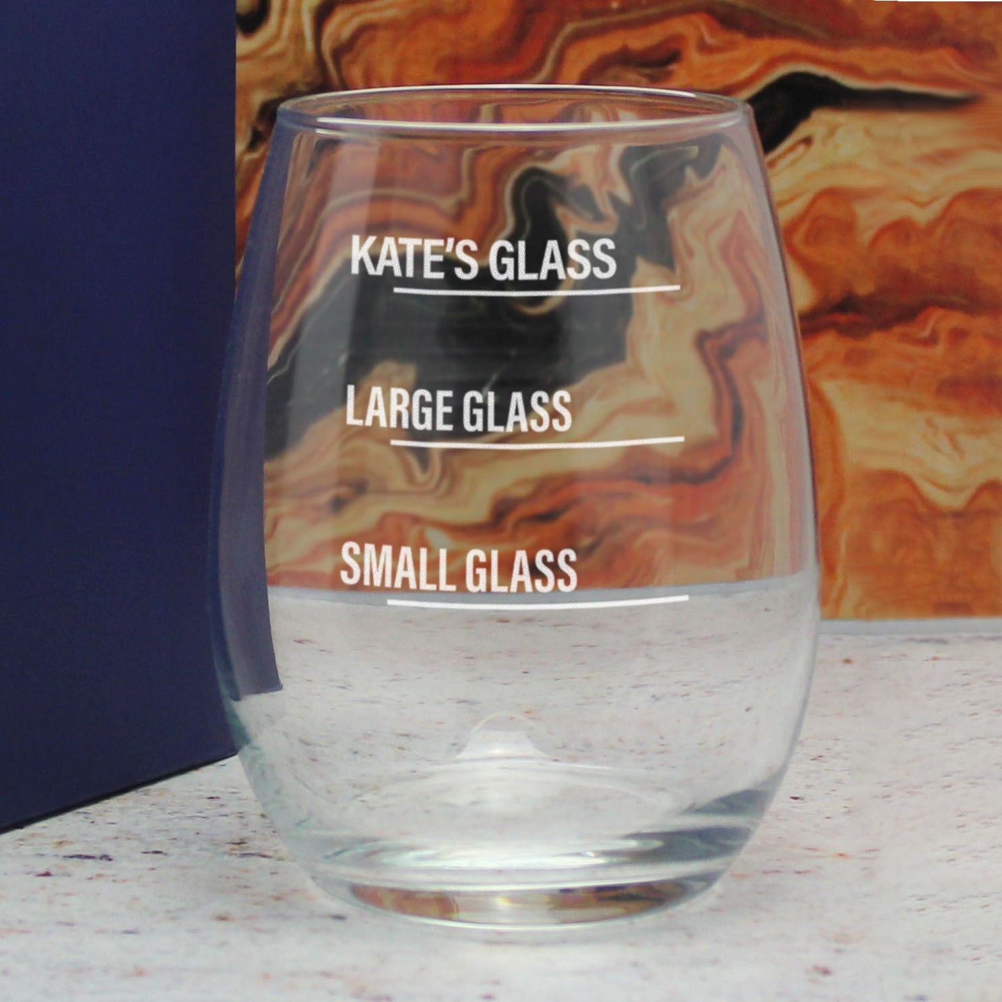 Personalised Engraved Stemless Amber Wine Glass with Name's Glass Bold Measurements Design, Customise with Any Name