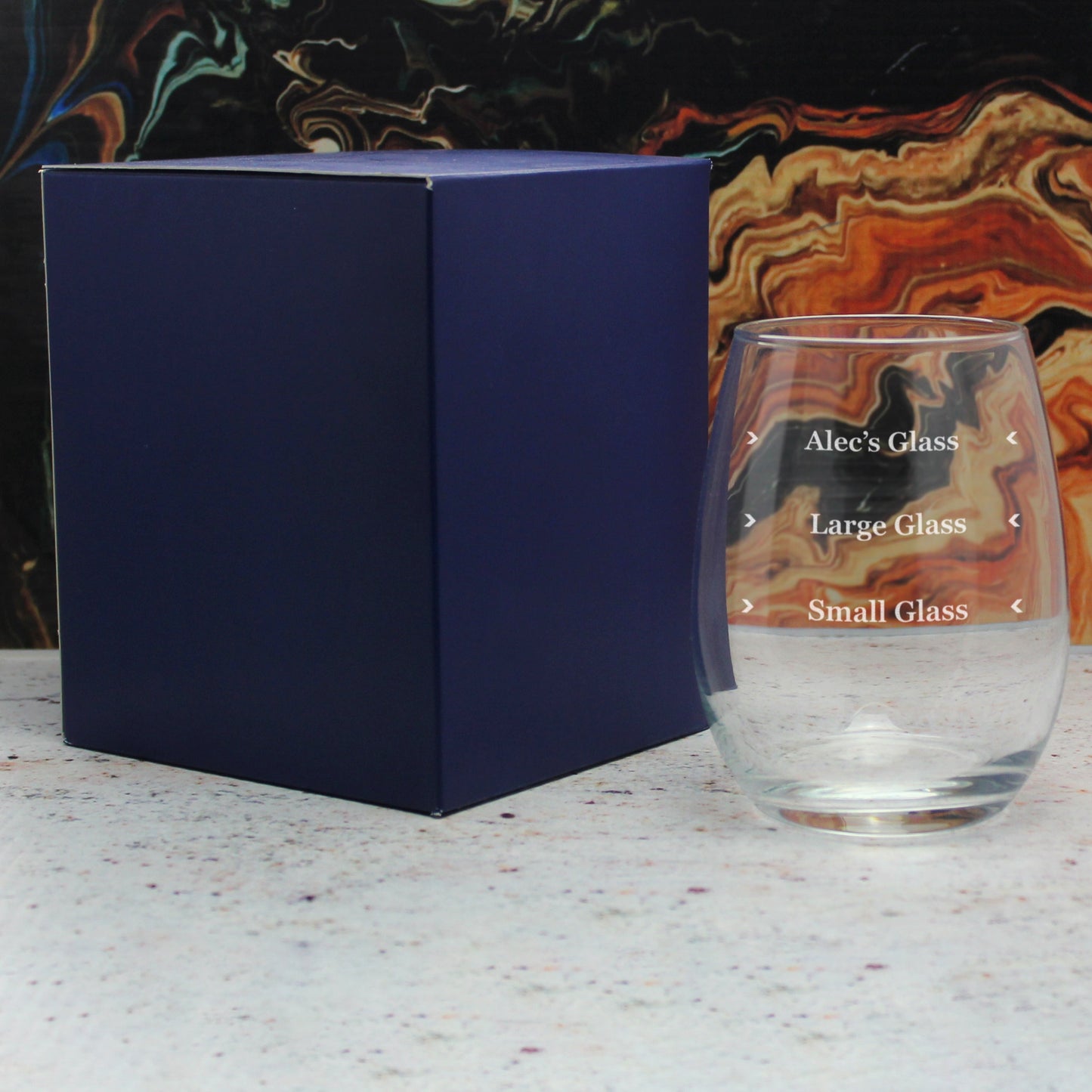 Personalised Engraved Stemless Amber Wine Glass with Name's Glass Serif Measurements Design, Customise with Any Name