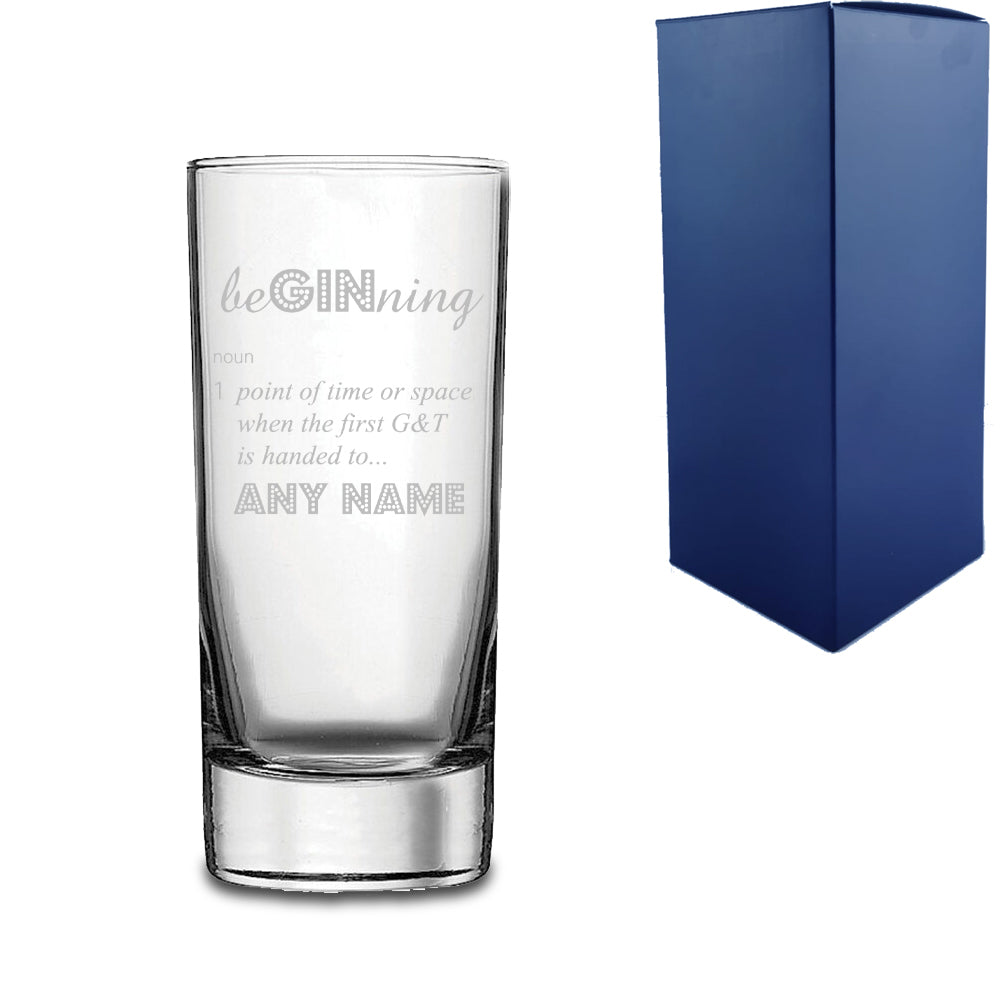 Engraved Novelty Gin Hiball Glass with BeGINning Definition With Gift Box