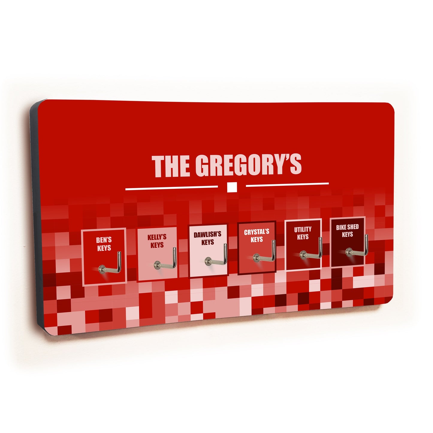 Personalised Novelty 6 hook key holder - Red Squares