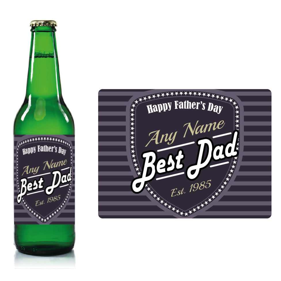 Personalised Fathers day beer bottle label Deep Purple - Stripes and Shield