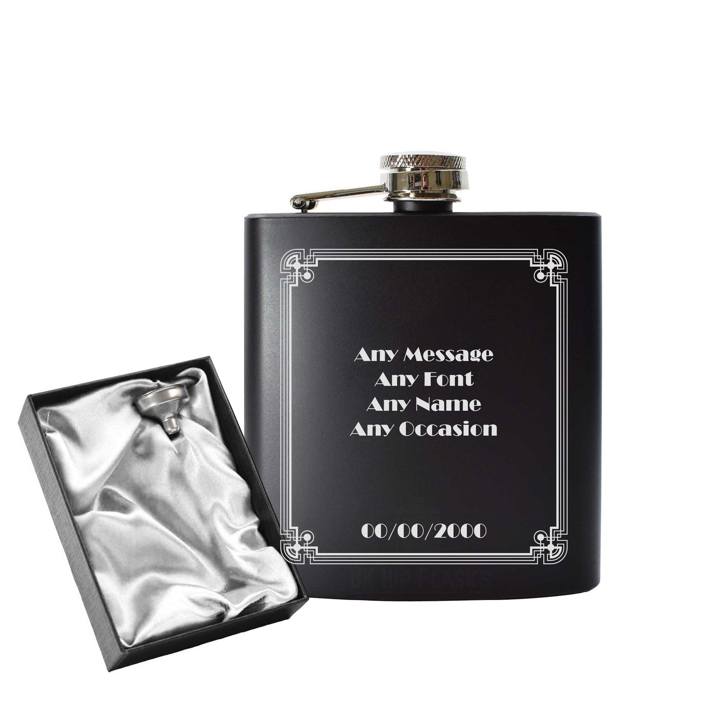 Engraved 6oz Black Hip flask with Formal border
