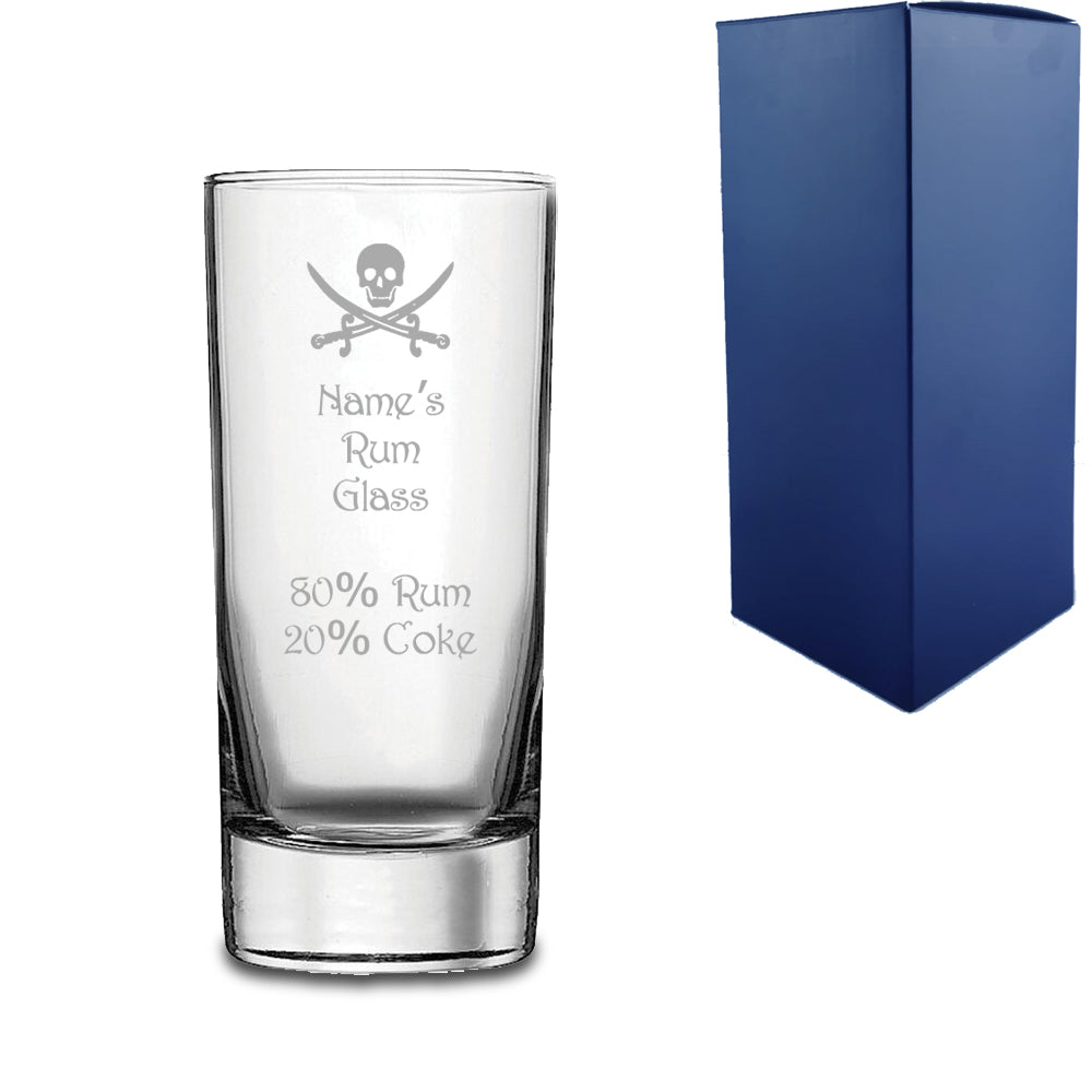 Engraved Rum Hiball Glass with Skull and Measurements Design