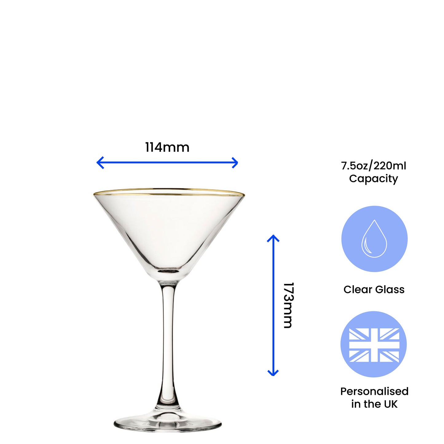 Engraved Gold Rim Martini Cocktail Glass with Name's Cocktail Design, Personalise with Any Name