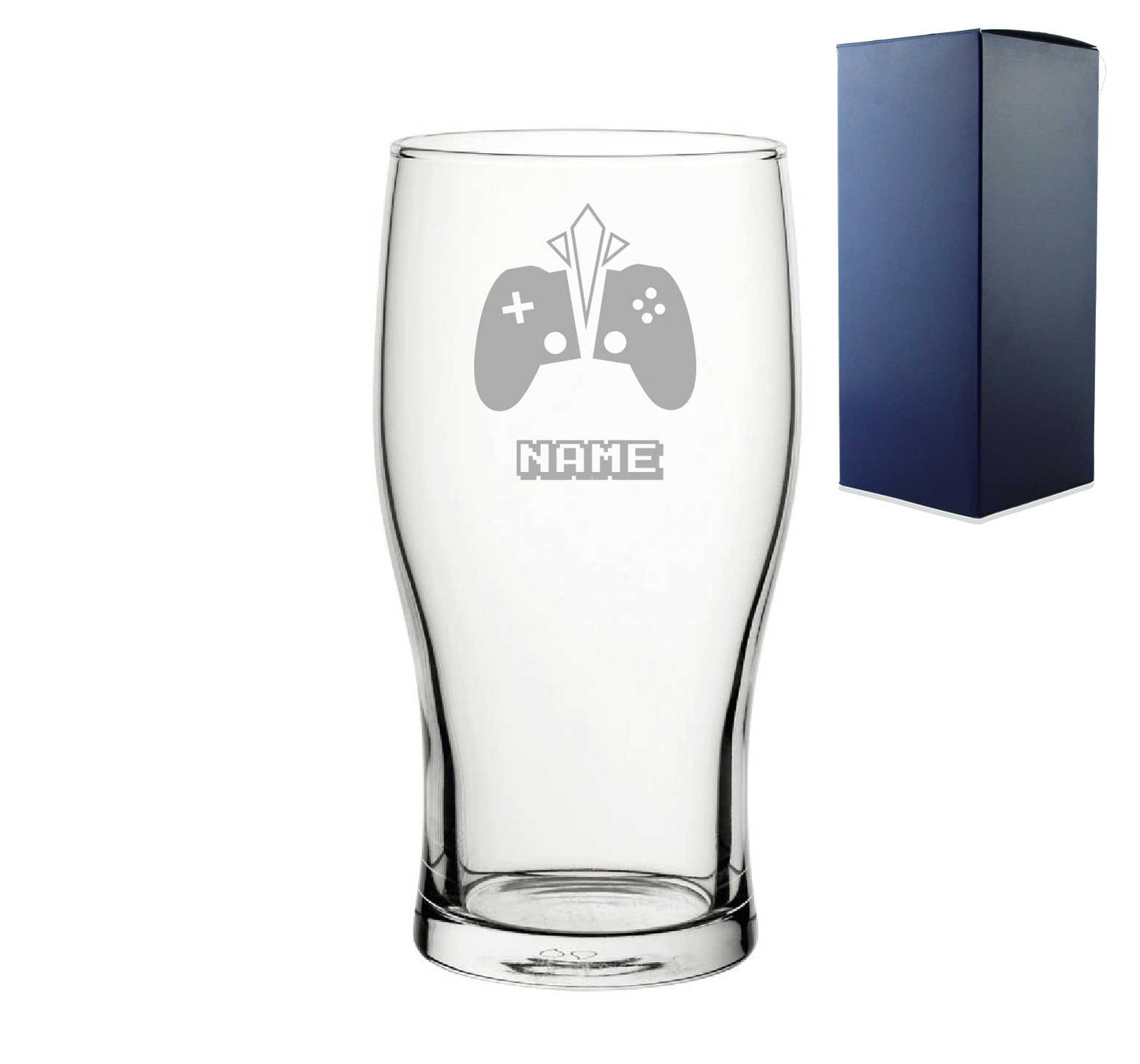 Personalised Engraved Pint Glass with Gaming Controller Name Design, Gift Boxed.