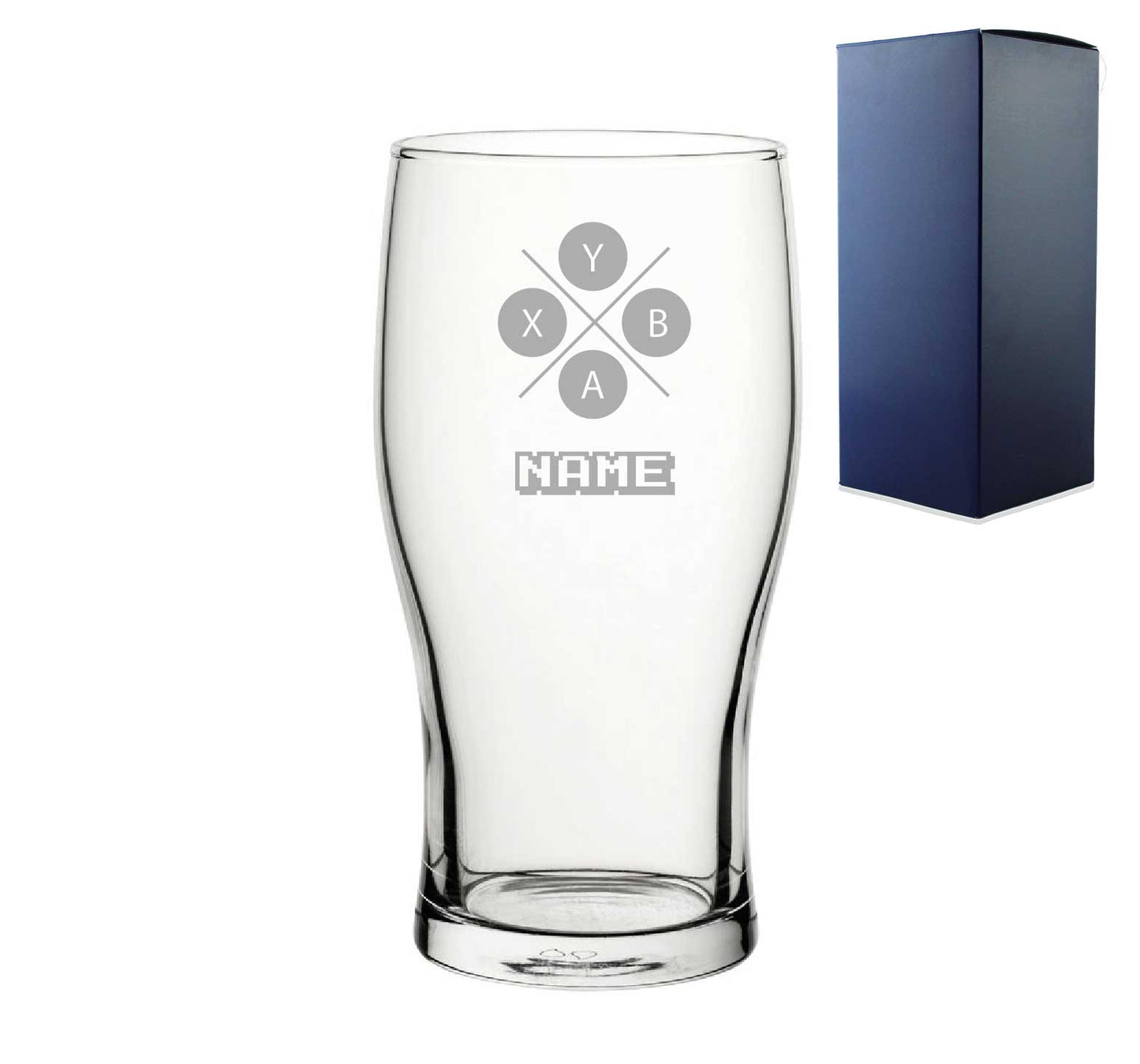 Engraved Pint Glass with X controller Button Design, Gift Boxed, Personalise with any name for any gamer