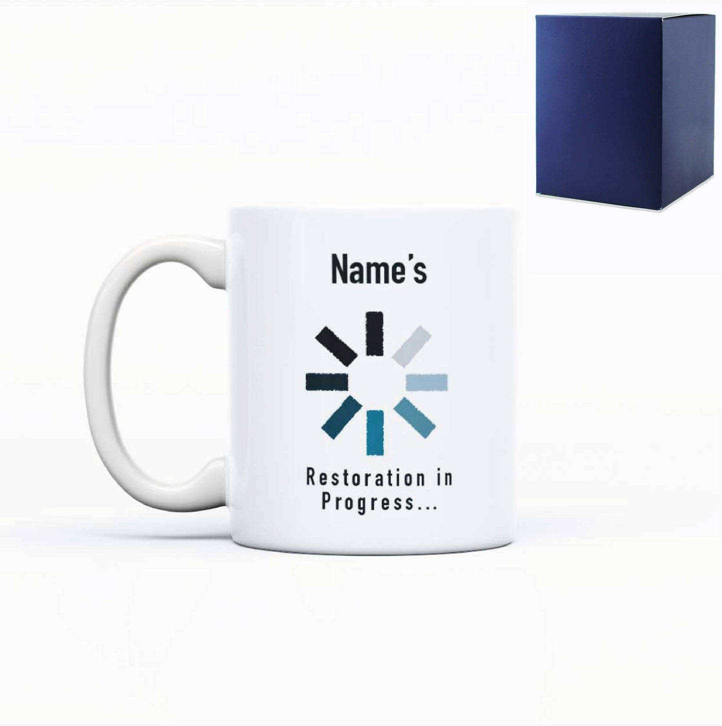 Printed Mug with Name's Restoration in Progress Design, Gift Boxed, Personalise with any name for any gamer