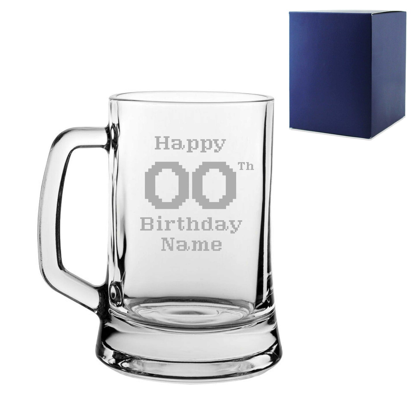 Engraved  Tankard Beer Mug Stein Happy 20,30,40,50... Birthday Pixelated Design Gift Boxed
