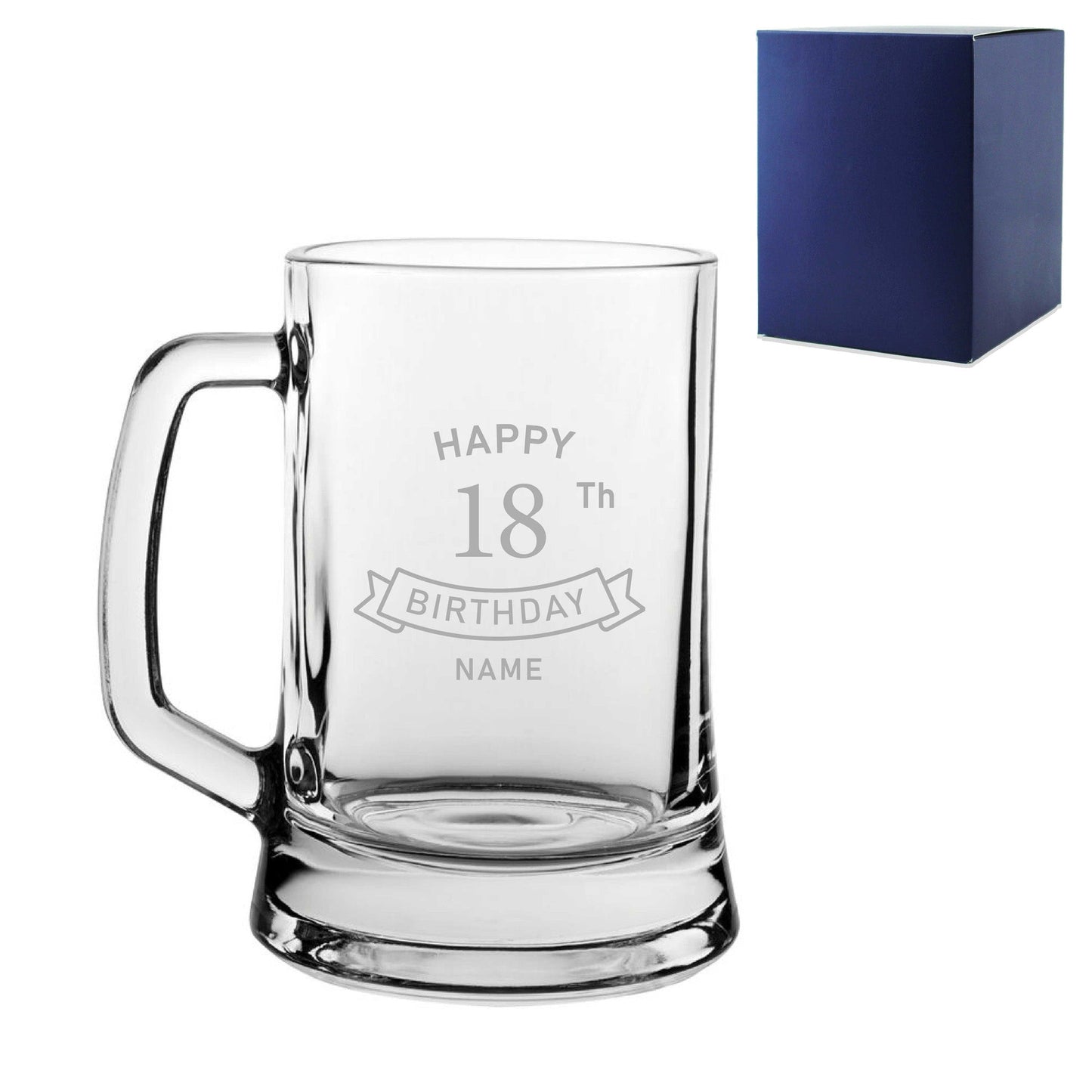 Engraved  Tankard Beer Mug Stein Happy 18th Birthday Banner Design Gift Boxed