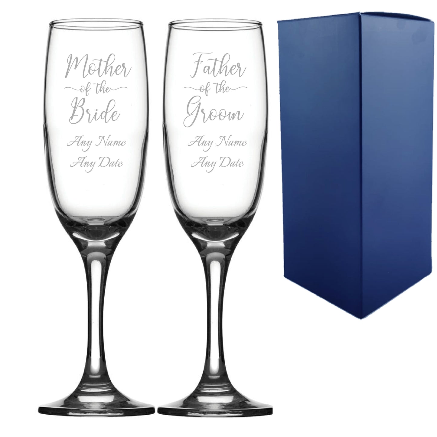 Engraved Wedding Champagne Set Mother/Father of the Bride/groom 2pc, Handwritten Font