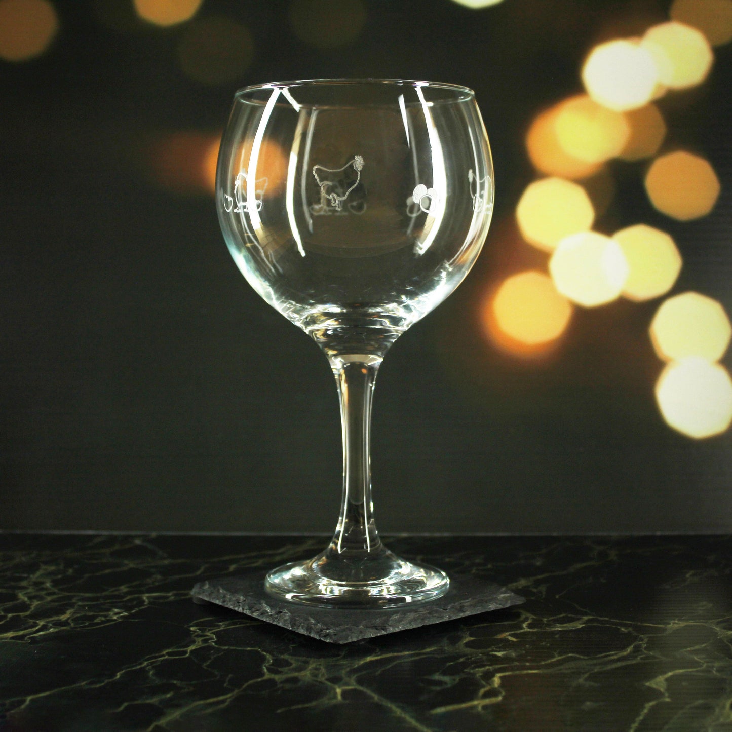 Engraved Chicken Pattern Gin Balloon Set of 4 22.5oz Glasses