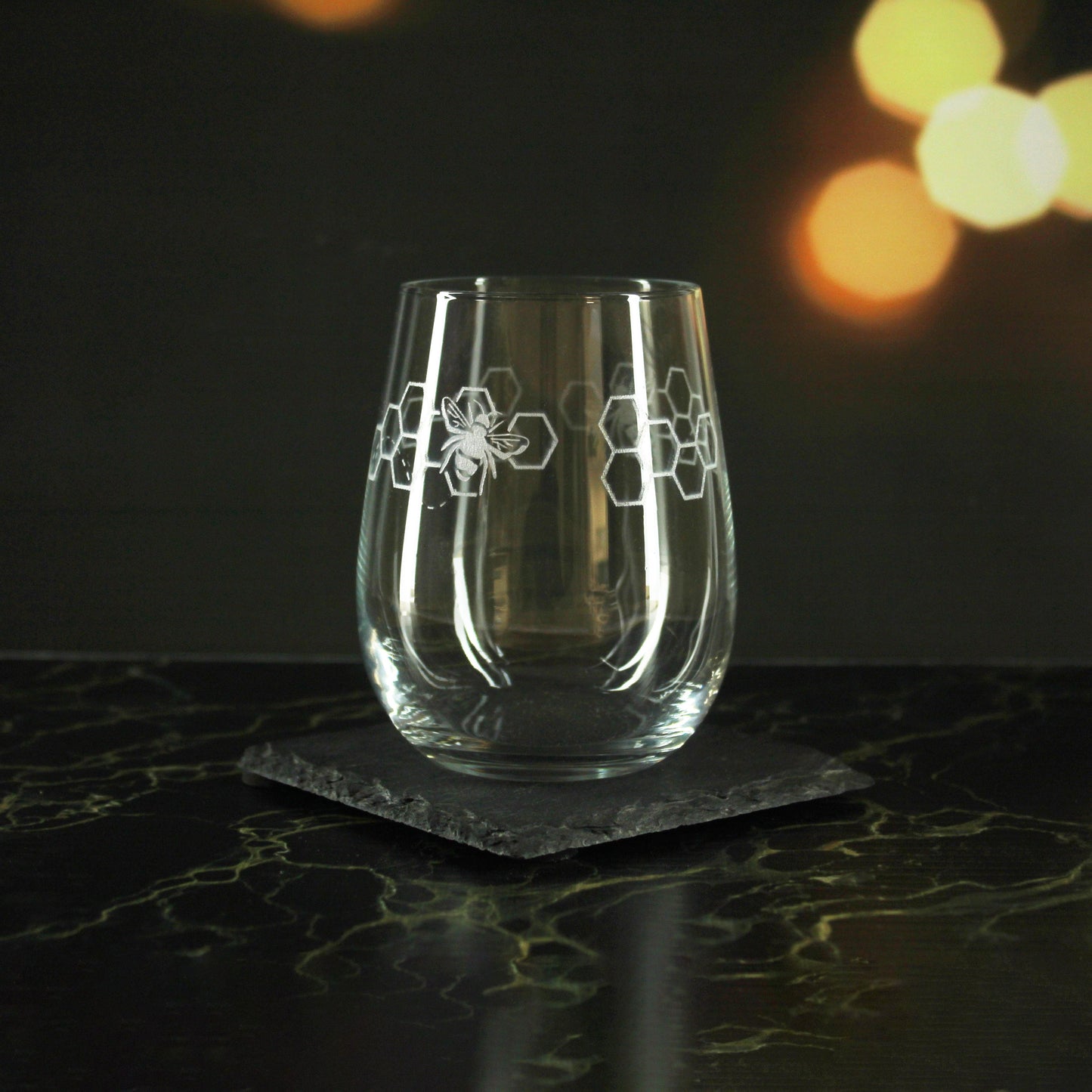 Engraved Bees Pattern Set of 4 Gaia Stemless Wine 12oz Glasses