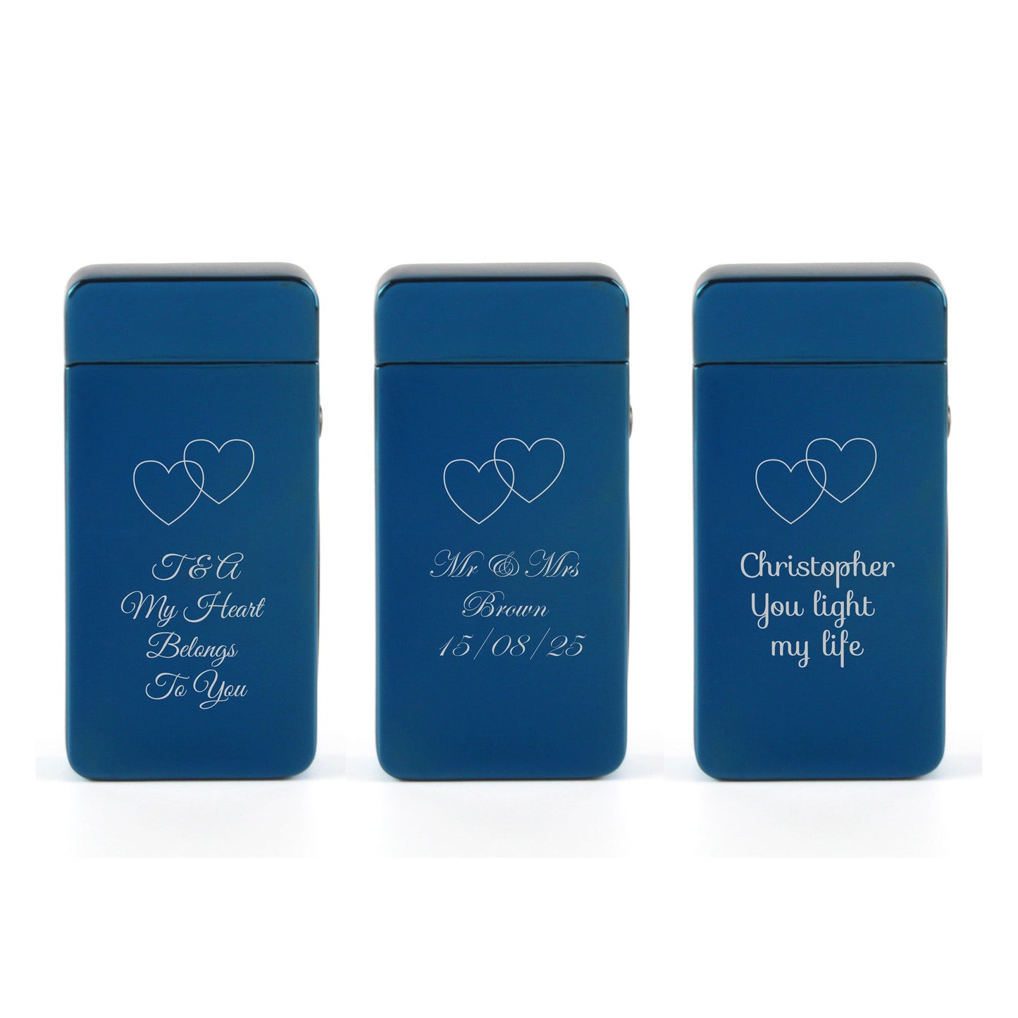 Engraved Electric Arc Lighter, Blue, Overlapping Hearts