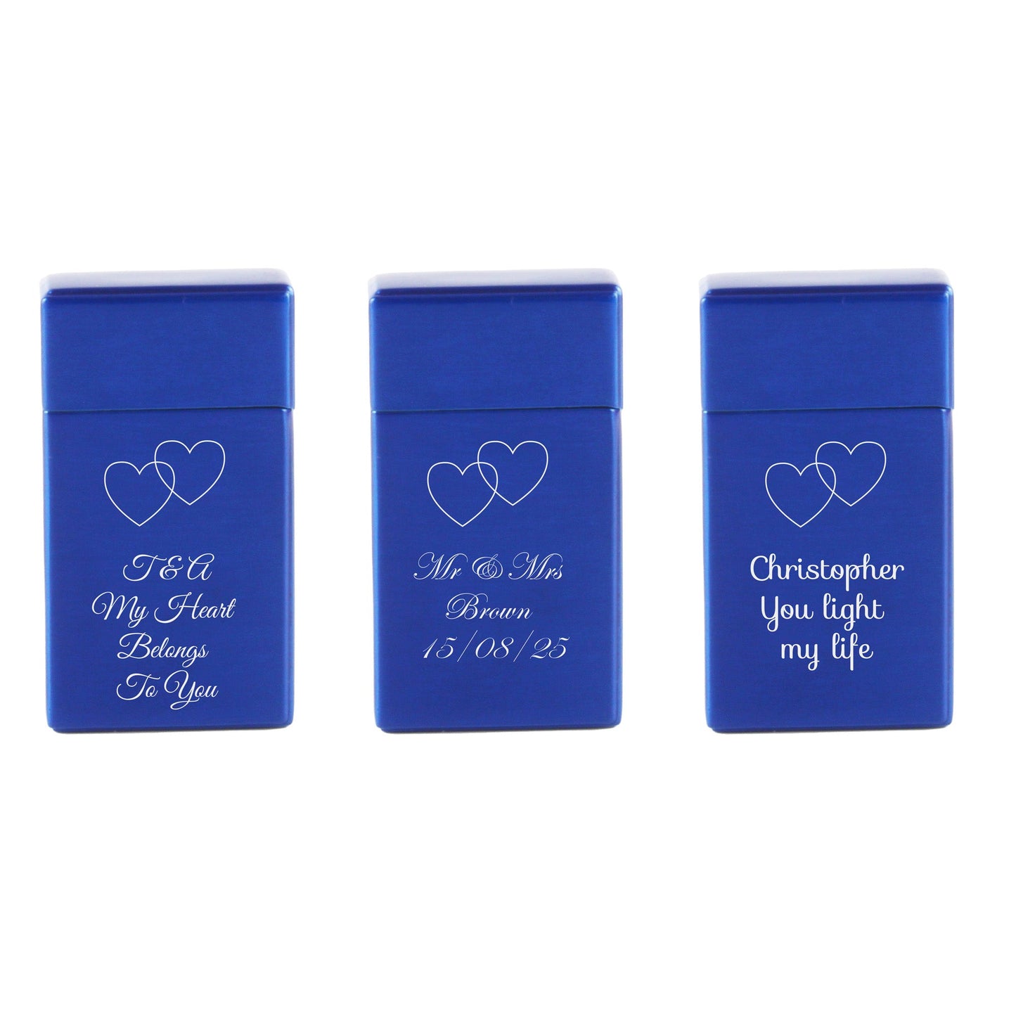 Engraved Jet Gas Lighter Blue Overlapping Hearts Gift Boxed