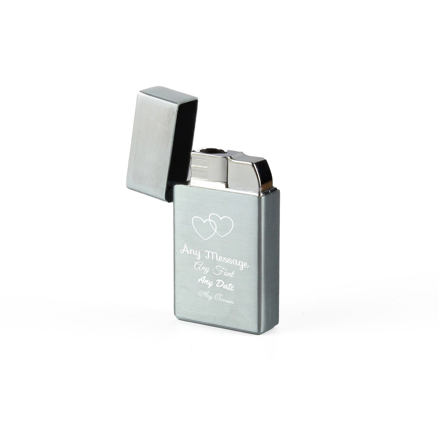 Engraved Jet Gas Lighter Silver Overlapping Hearts Gift Boxed
