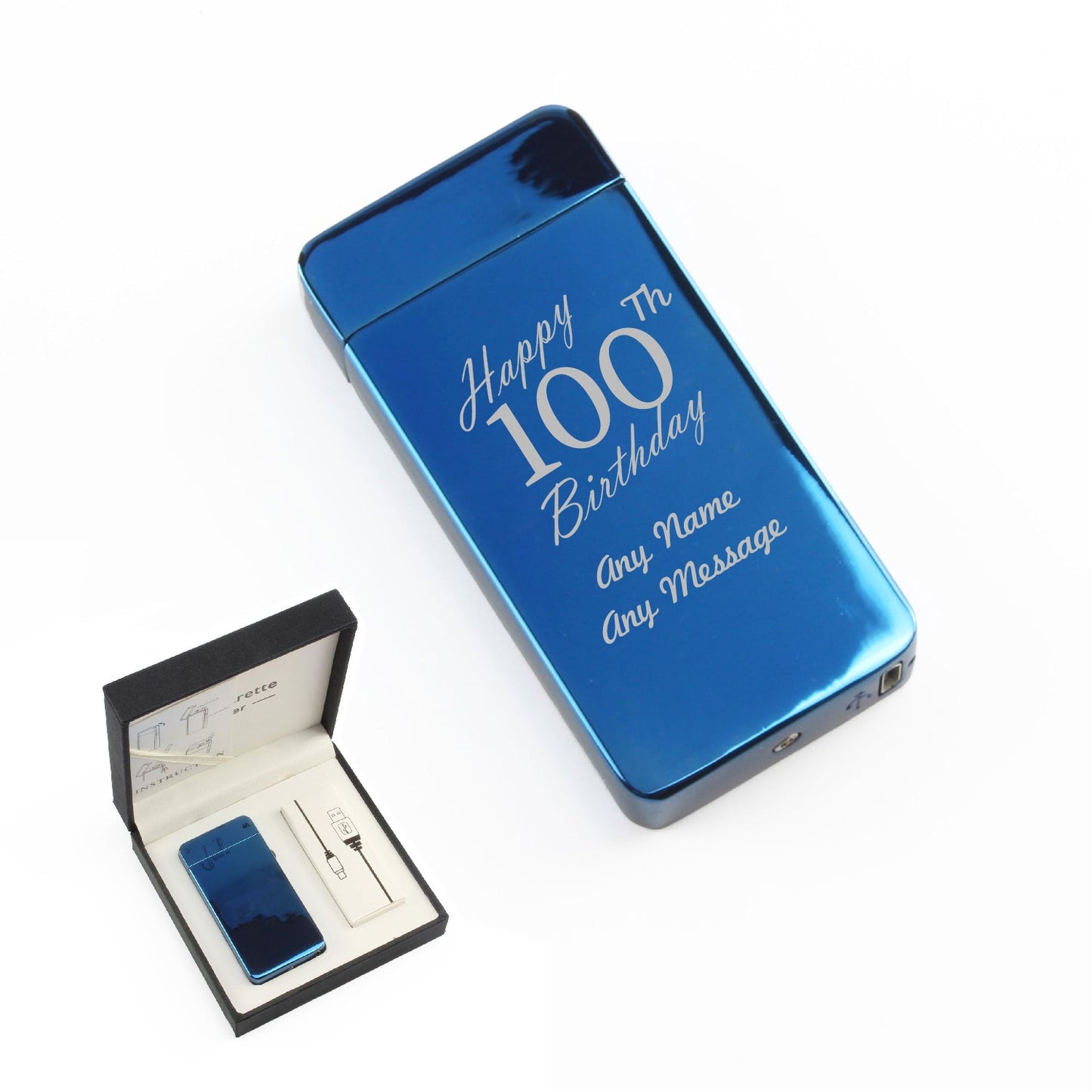 Engraved Electric Arc Lighter, Blue, Happy 100th Birthday, Gift Boxed