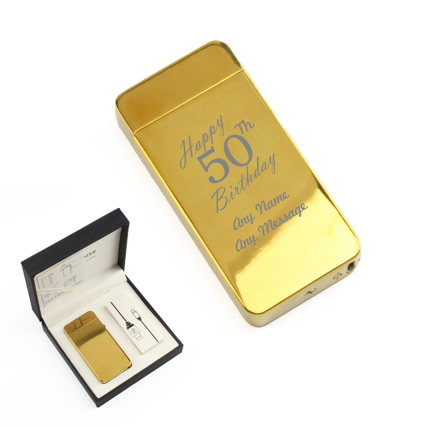Engraved Electric Arc Lighter, Gold, Happy 50th Birthday, Gift Boxed