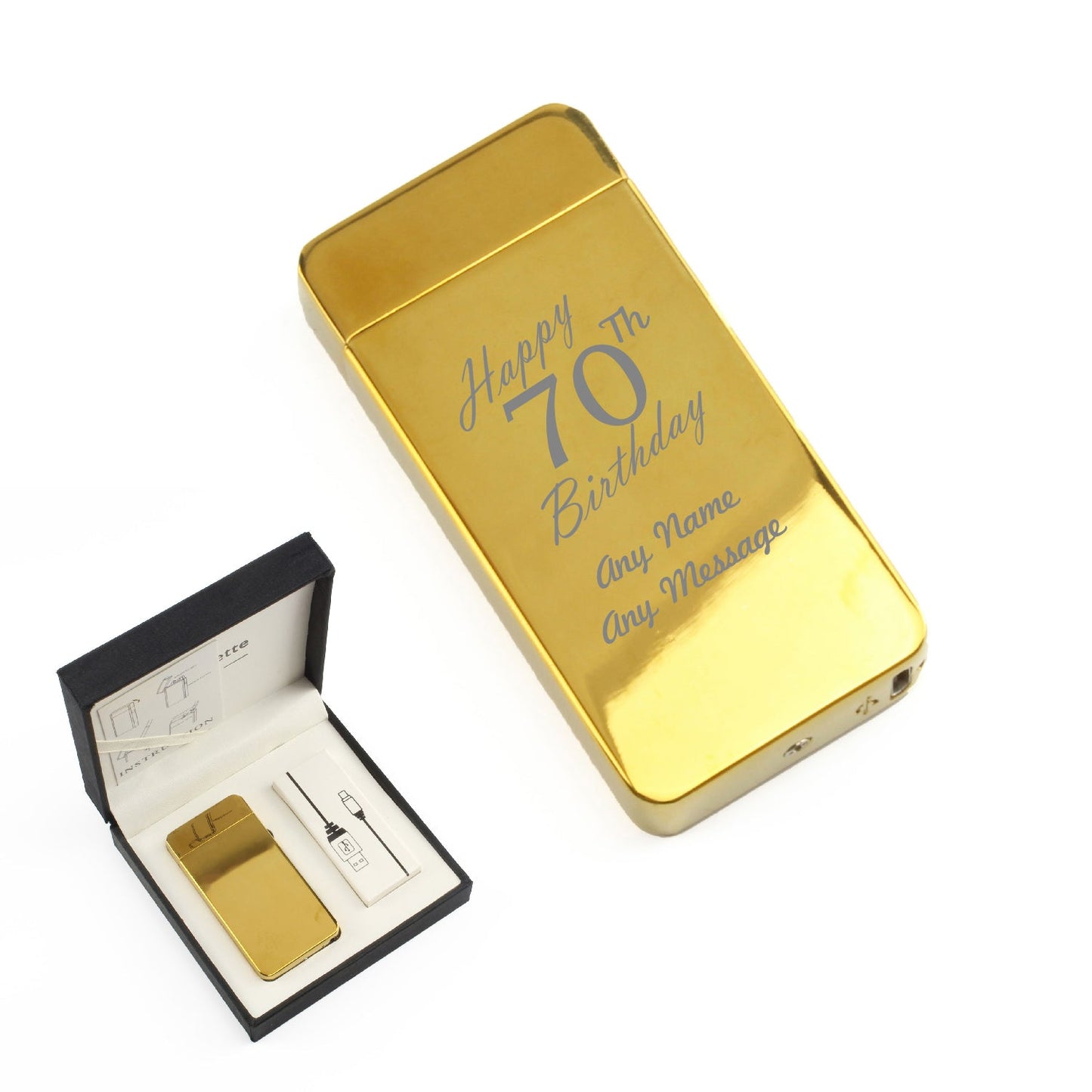 Engraved Electric Arc Lighter, Gold, Happy 70th Birthday, Gift Boxed