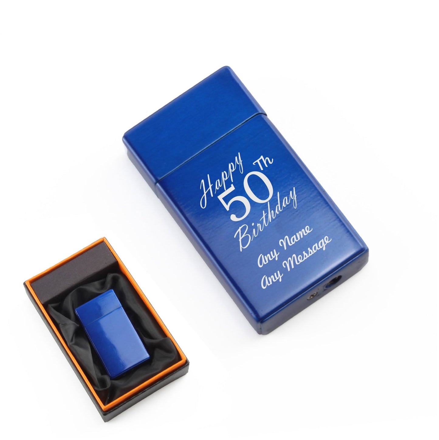 Engraved Jet Gas Lighter Blue Happy 50th Birthday Gift Boxed