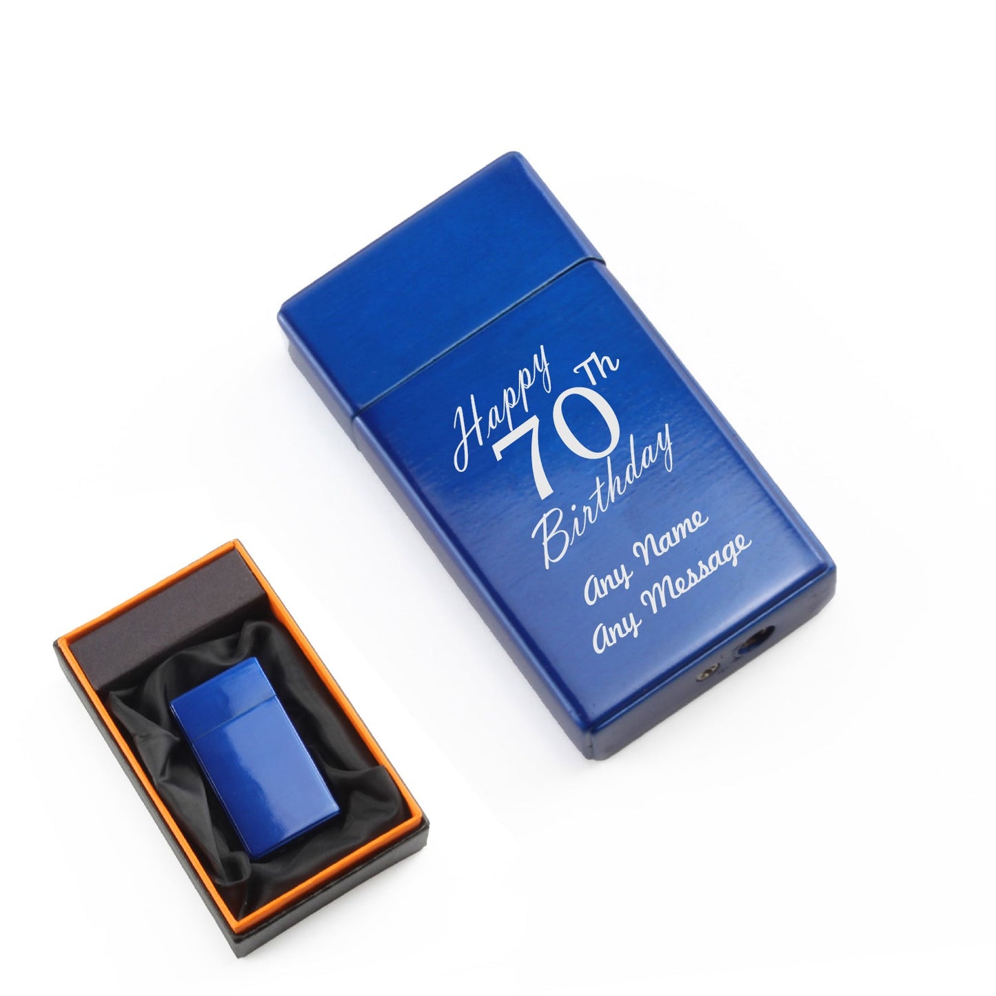 Engraved Jet Gas Lighter Blue Happy 70th Birthday Gift Boxed